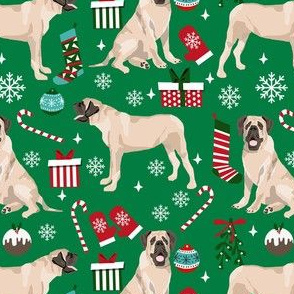 english mastiff christmas fabric - christmas dog, mastiff dog fabric, mastiff christmas, dog christmas fabric - green