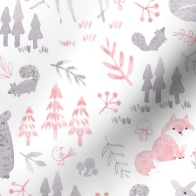 woodland forest animals in gray/pink