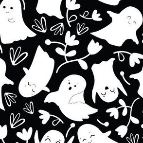 Halloween White Florals and Friendly Ghosts on Midnight Black