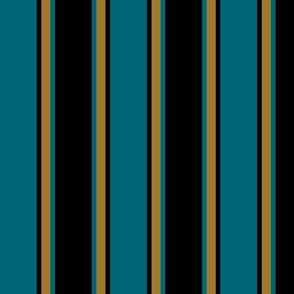 Teal Blue, Black, and Medium Gold Vertical Thin and Thick Stripes