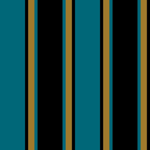 Jumbo Teal Blue, Black, and Medium Gold Vertical Thin and Thick Stripes