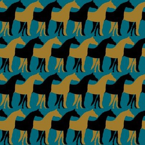 Two Inch Black and Gold Overlapping Horses on Teal Blue