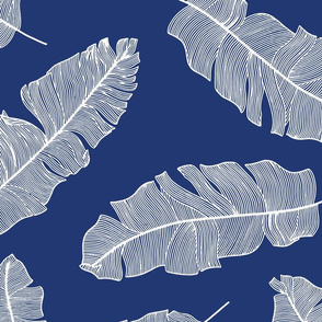 LARGE tropical banana palm leaves - chinoiserie royal navy blue and crisp white