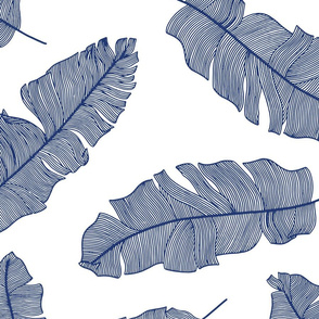 LARGE tropical banana palm leaves - crisp white and chinoiserie royal navy blue chinoiserie