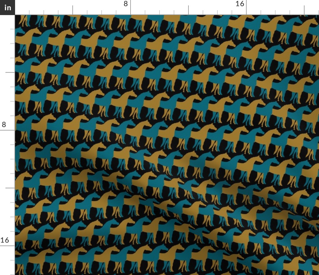 Two Inch Gold and Teal Blue Overlapping Horses on Black