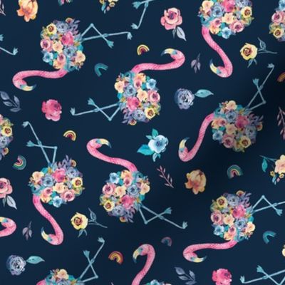 Floral Flamingo in Pastel Rainbow Colors on Dark