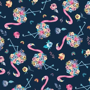 Floral Flamingo in Pastel Rainbow Colors on Dark