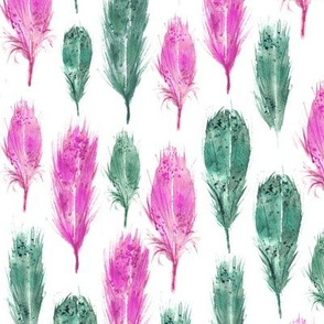 Watercolor feathers • emerald and rose pink