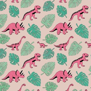 Dinosaur jungle botanical dino garden leaves girls pink and mint green SMALL