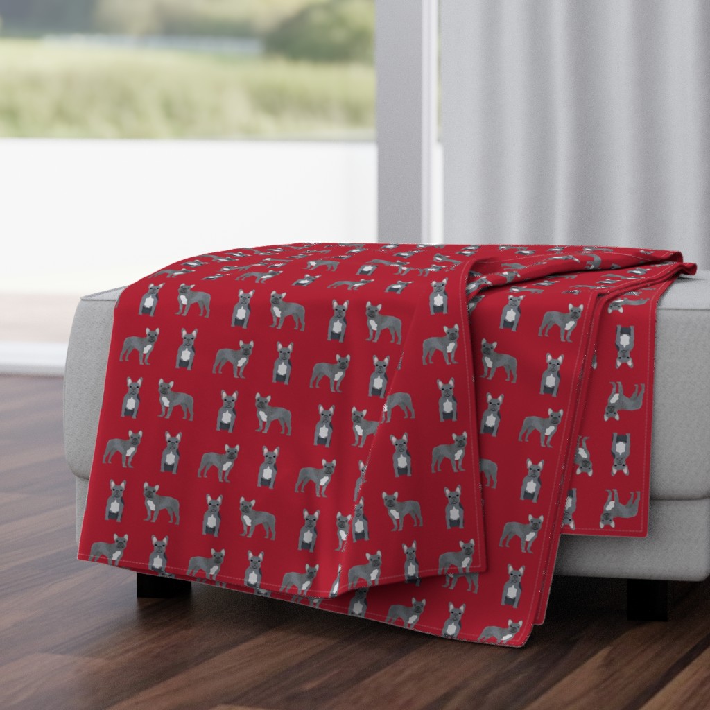 french bulldog fabric - grey french bulldog, frenchie, dog fabric, -  red