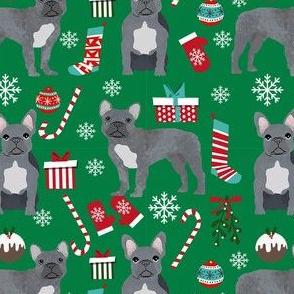 french bulldog christmas fabric - grey french bulldog, frenchie, dog fabric, christmas dog fabric, - green