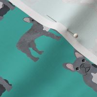 french bulldog fabric - grey french bulldog, frenchie, dog fabric, - turquoise