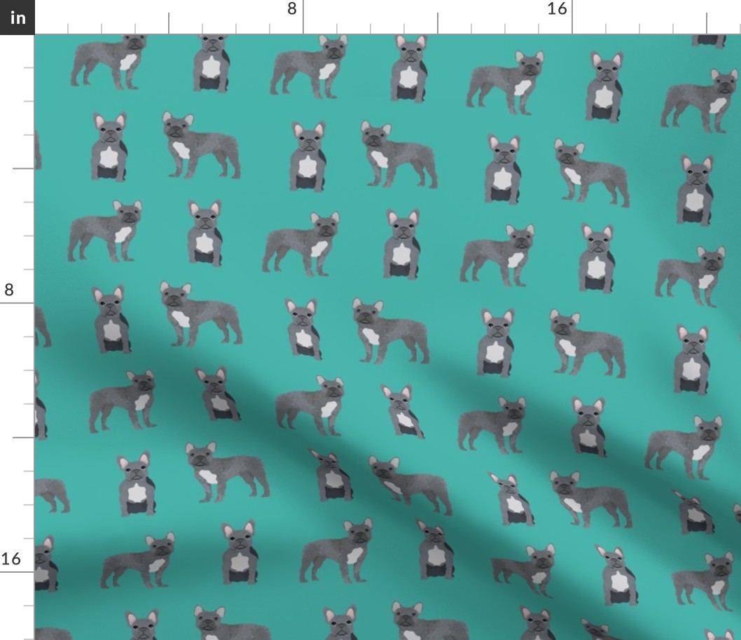 french bulldog fabric - grey french bulldog, frenchie, dog fabric, - turquoise