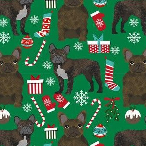 brindle frenchie christmas fabric - brindle french bulldog, brindle dog, french bulldog christmas, dog christmas - green