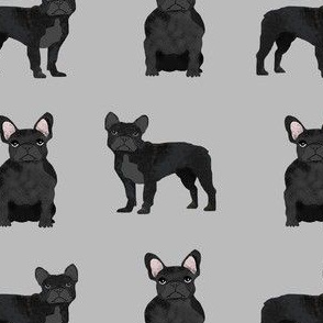 black frenchie fabric - black french bulldog, black dog, french bulldog fabric, frenchie fabric - grey