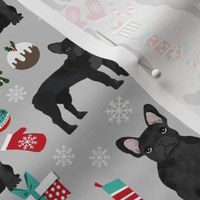 black frenchie christmas fabric - black french bulldog, black dog, french bulldog christmas, dog christmas -grey