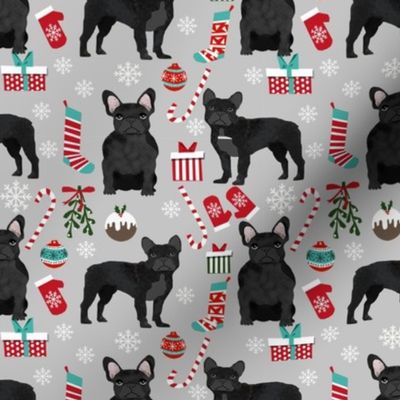 black frenchie christmas fabric - black french bulldog, black dog, french bulldog christmas, dog christmas -grey