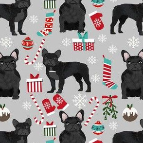 black frenchie christmas fabric - black french bulldog, black dog, french bulldog christmas, dog christmas -grey