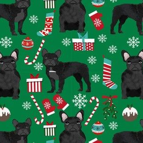black frenchie christmas fabric - black french bulldog, black dog, french bulldog christmas, dog christmas -green