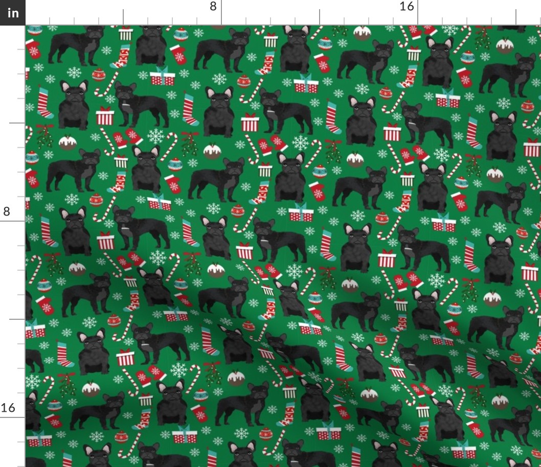 black frenchie christmas fabric - black french bulldog, black dog, french bulldog christmas, dog christmas -green