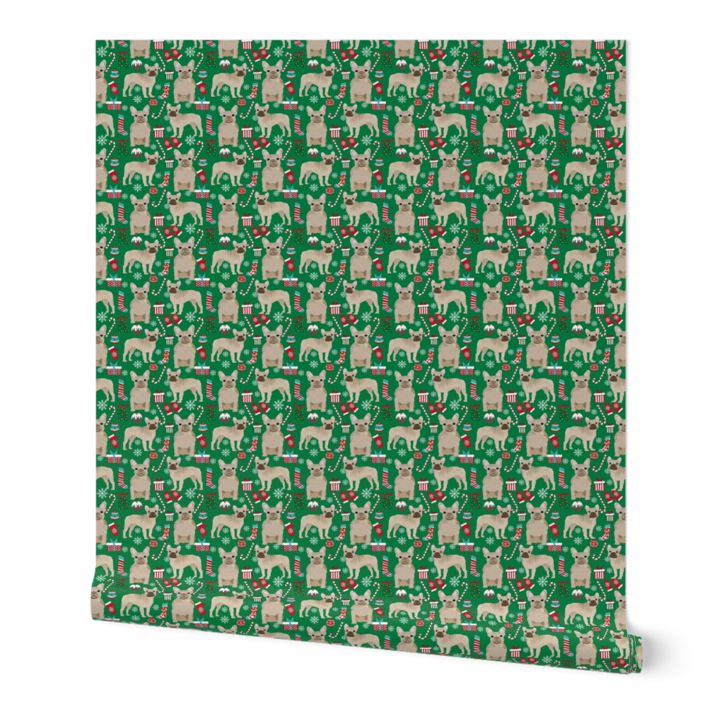 fawn frenchie christmas fabric - fawn french bulldog, black dog, french bulldog christmas, dog christmas - green