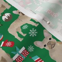 fawn frenchie christmas fabric - fawn french bulldog, black dog, french bulldog christmas, dog christmas - green