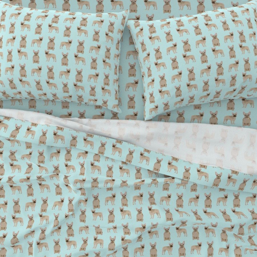 fawn frenchie fabric - fawn french bulldog, fawn dog, french bulldog fabric, frenchie fabric -  light aqua