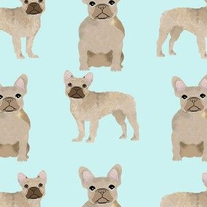 fawn frenchie fabric - fawn french bulldog, fawn dog, french bulldog fabric, frenchie fabric -  light aqua