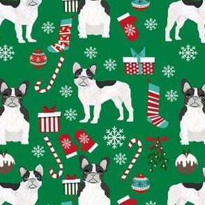 black and white frenchie christmas fabric - bw french bulldog, black dog, french bulldog christmas, dog christmas - green