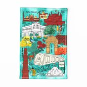 Hustling Bustling Colors of Delhi Tea Towel- Doodle Sketch Map