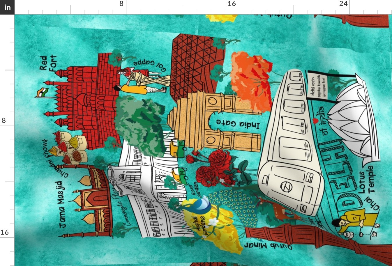 Hustling Bustling Colors of Delhi Tea Towel- Doodle Sketch Map