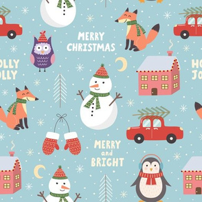 Snowy winter pattern with Christmas tree, snowman, fox, owl and penguin