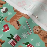 apricot golden doodle christmas fabric, apricot goldendoodle, doodle dog fabric, doodle christmas - light green