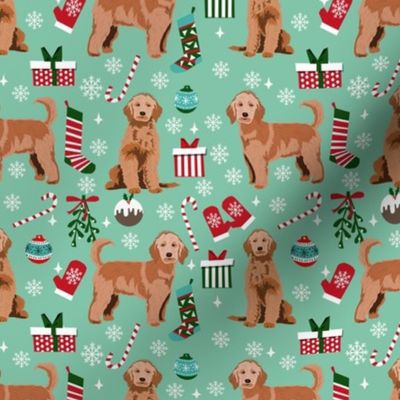 apricot golden doodle christmas fabric, apricot goldendoodle, doodle dog fabric, doodle christmas - light green