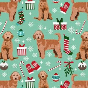 apricot golden doodle christmas fabric, apricot goldendoodle, doodle dog fabric, doodle christmas - light green