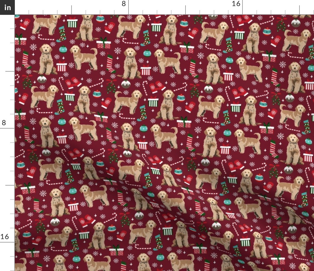 golden doodle christmas fabric, goldendoodle dog, christmas dog - ruby