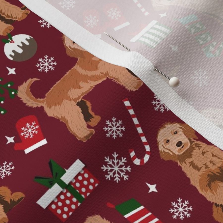 apricot golden doodle christmas fabric, apricot goldendoodle, doodle dog fabric, doodle christmas - ruby