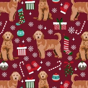 apricot golden doodle christmas fabric, apricot goldendoodle, doodle dog fabric, doodle christmas - ruby