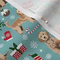 golden doodle christmas fabric, goldendoodle dog, christmas dog - blue