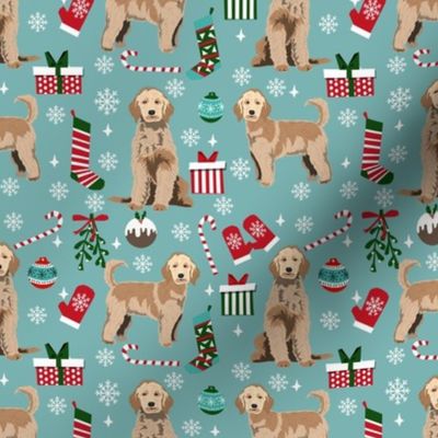 golden doodle christmas fabric, goldendoodle dog, christmas dog - blue