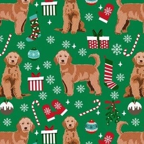 apricot golden doodle christmas fabric, apricot goldendoodle, doodle dog fabric, doodle christmas - green