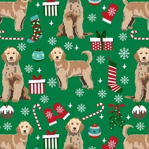 golden doodle christmas fabric, goldendoodle dog, christmas dog - green