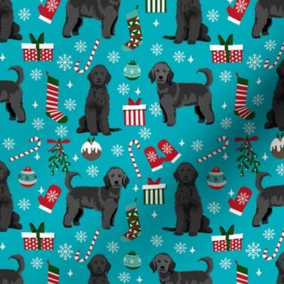 black goldendoodle dog christmas fabric, golden doodle fabric, doodle dog fabric - teal