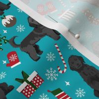 black goldendoodle dog christmas fabric, golden doodle fabric, doodle dog fabric - teal