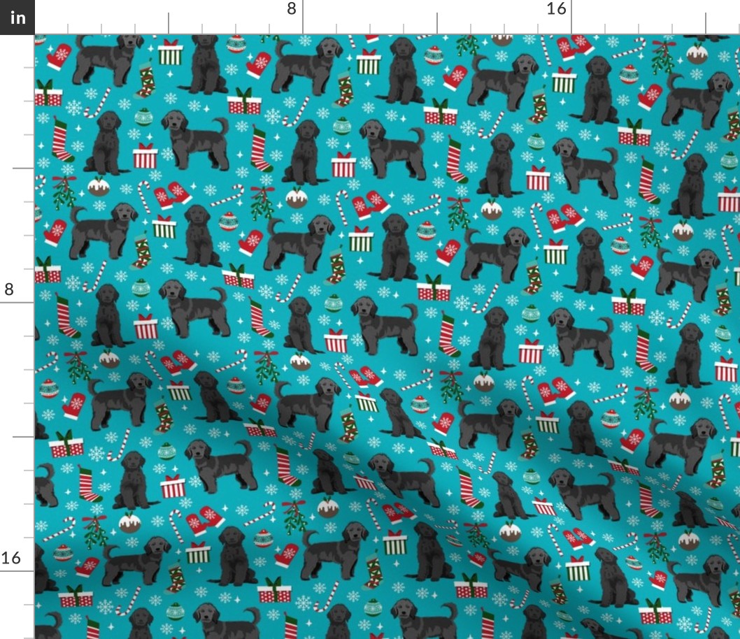 black goldendoodle dog christmas fabric, golden doodle fabric, doodle dog fabric - teal