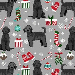 black goldendoodle dog christmas fabric, golden doodle fabric, doodle dog fabric -grey