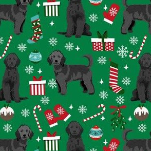 black goldendoodle dog christmas fabric, golden doodle fabric, doodle dog fabric - green