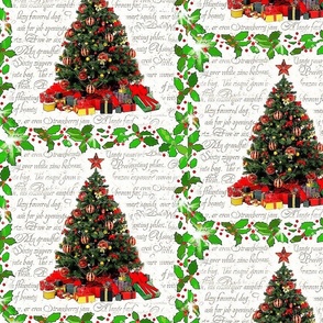 Christmas trees and holly on white handwriting background.