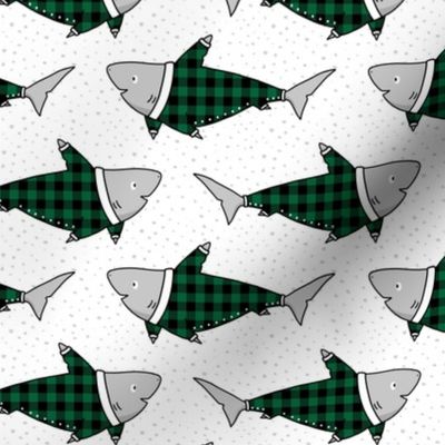 Sharks in Buffalo Plaid Pyjamas in Green - small scale