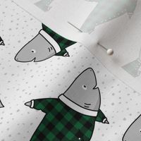 Sharks in Buffalo Plaid Pyjamas in Green - small scale